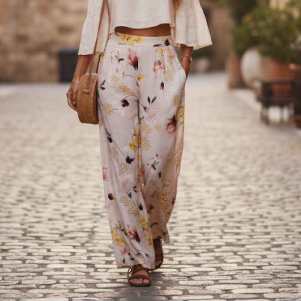 Jaase Bombay Palazzo Wide Leg Flowy Boho Floral Lightweight Pant with Pockets M